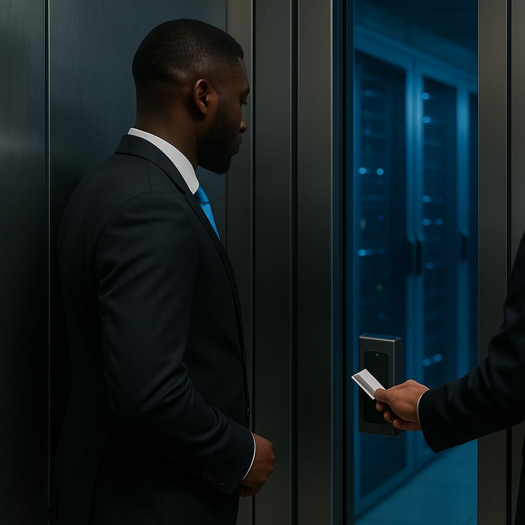 Beveiliger controleert toegang tot datacenter met paslezer – representatieve datacenterbeveiliging in Nederland