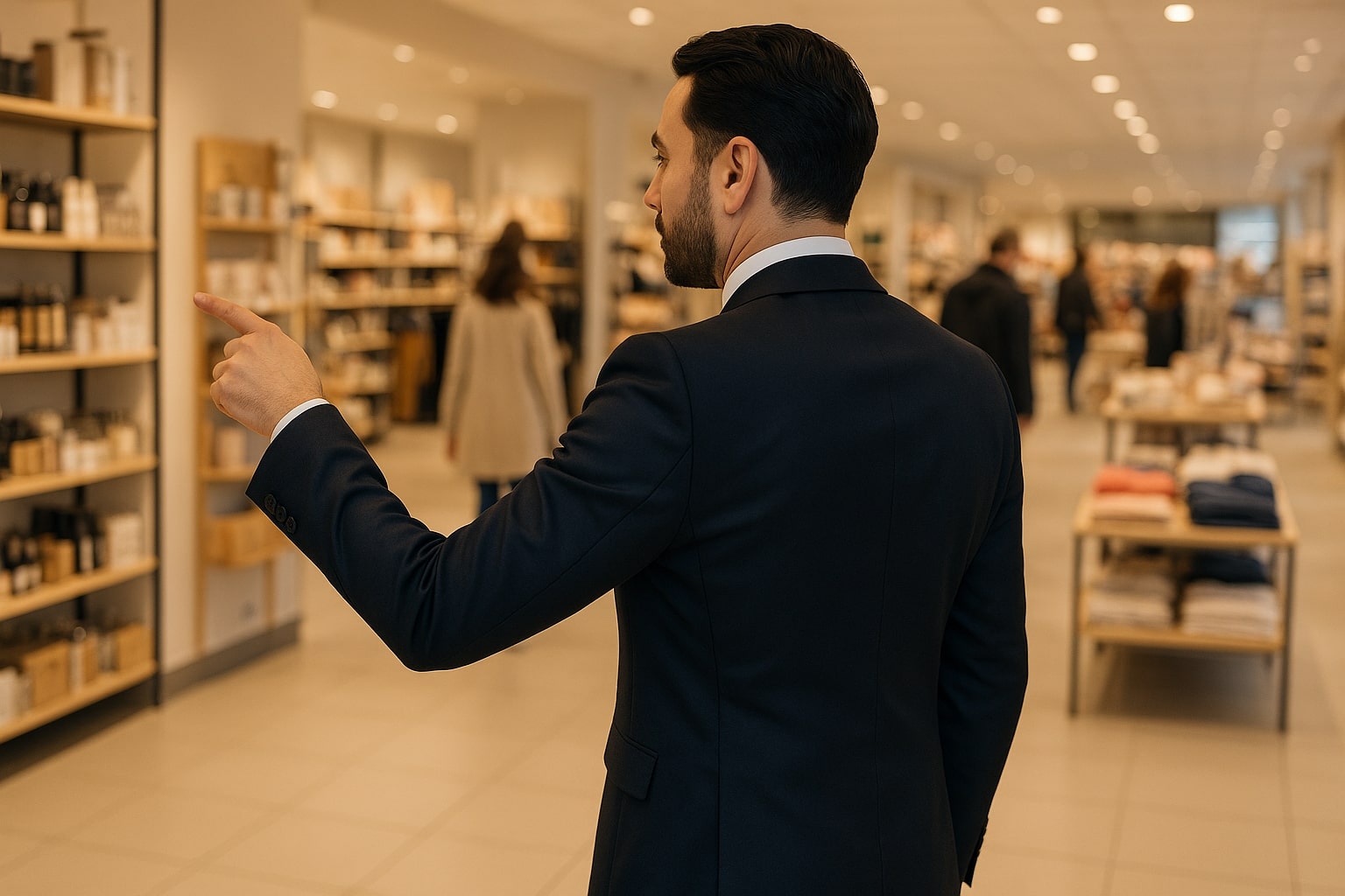 Beveiliger wijst klant de weg op winkelvloer – combinatie van retailbeveiliging en gastvrijheid in een Nederlandse winkel