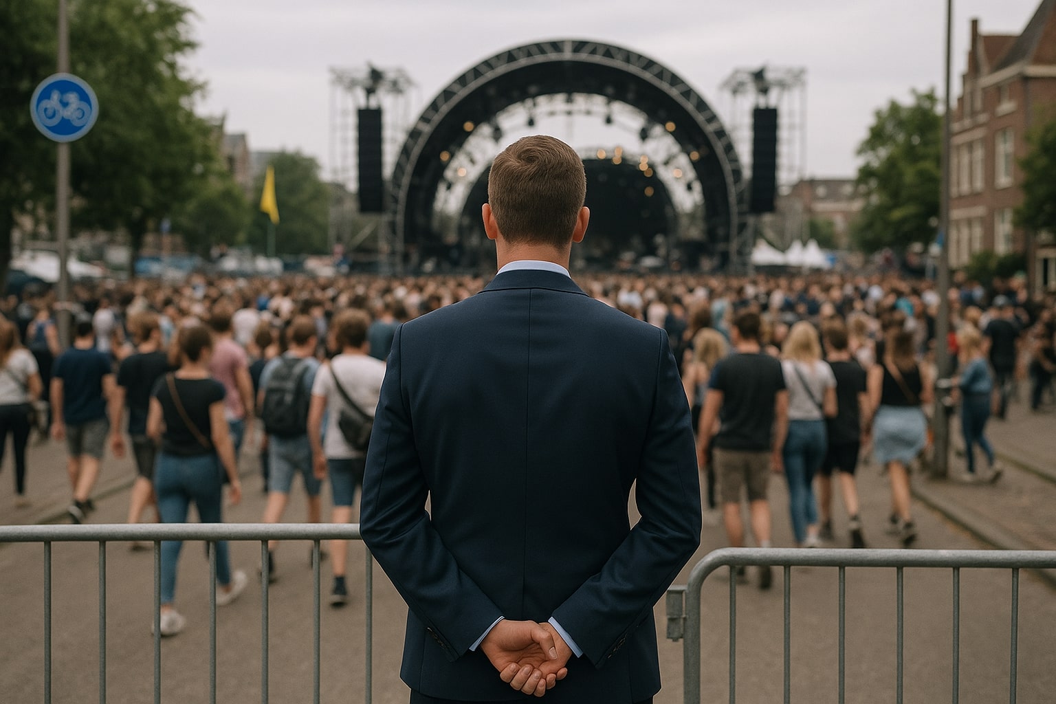Evenementenbeveiliger van Dutch Crowd Security bewaakt de ingang van een muziekfestival en houdt toezicht op binnenkomend publiek.