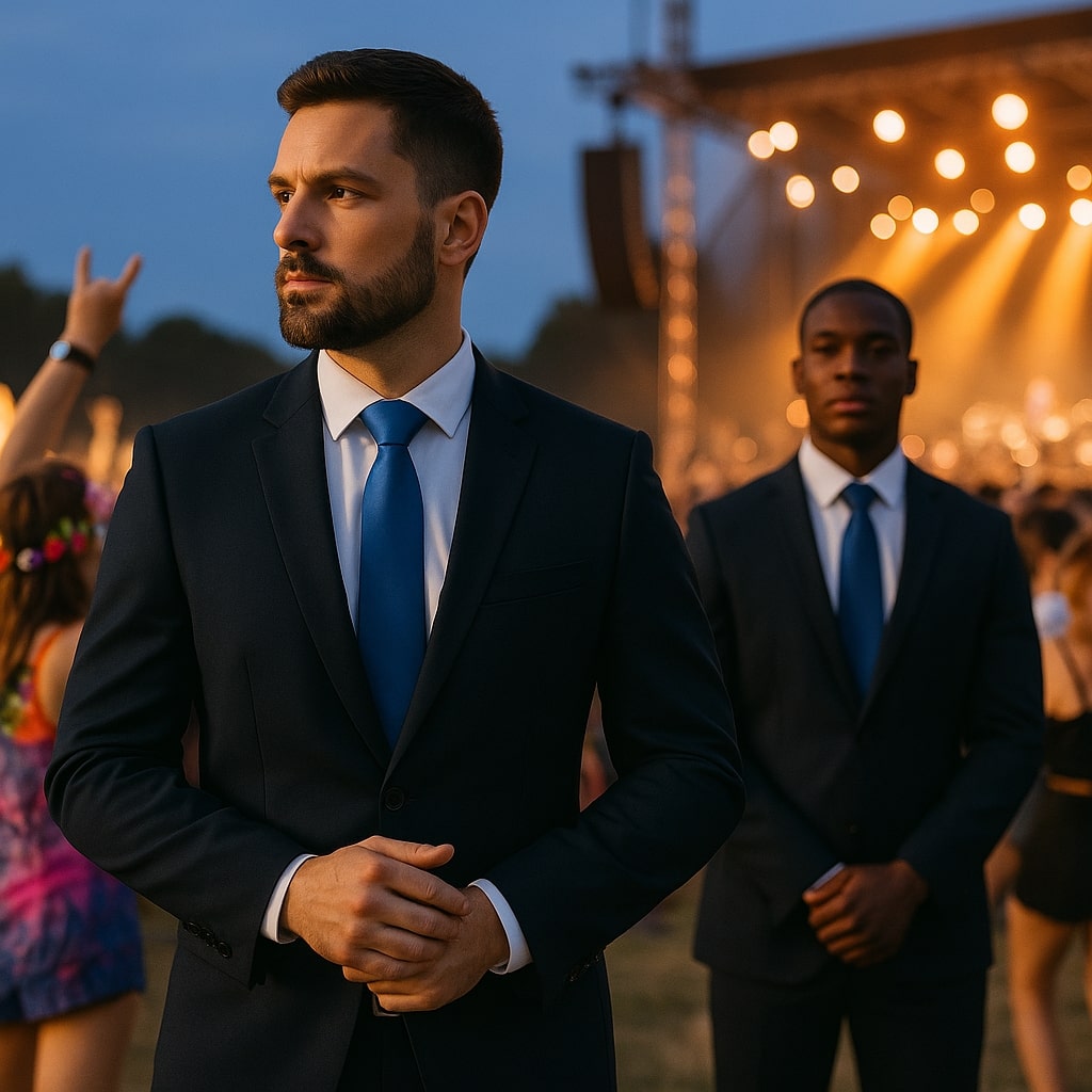 Twee evenementenbeveiligers van Dutch Crowd Security zorgen voor veiligheid en gastvrijheid op een festivalterrein in Nederland.







