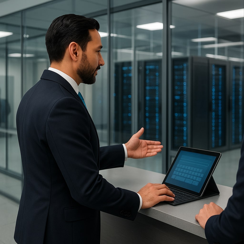 Security officer voert bezoekersregistratie uit aan de balie van een datacenter – veilige en professionele ontvangstomgeving

