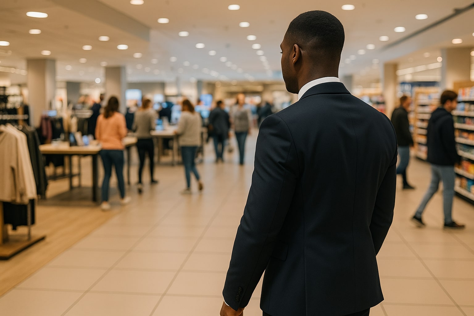 Beveiliger Dutch Crowd Security houdt toezicht op winkelvloer in drukke retailomgeving – professionele winkelbeveiliging in Nederland

